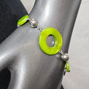 Link Bracelet Women OS‎ Lime Green Silver Retro Mod Y2K Circle Resin